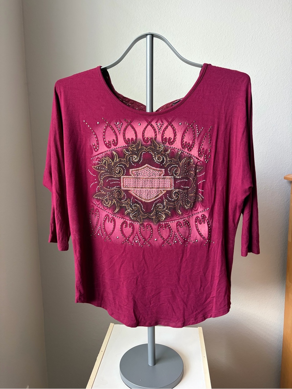 Harley-Davidson Maroon Embellished 3/4 Sleeve Tee
